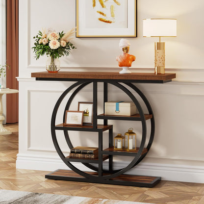 Tribesigns Console Table, 105cm Industrial 6 Tier Sofa Table, Entrance Table with Circle Base, Narrow Wooden Accent Tables with Storage Shelves for Living Room, Hallway, Foyer, Rustic Brown
