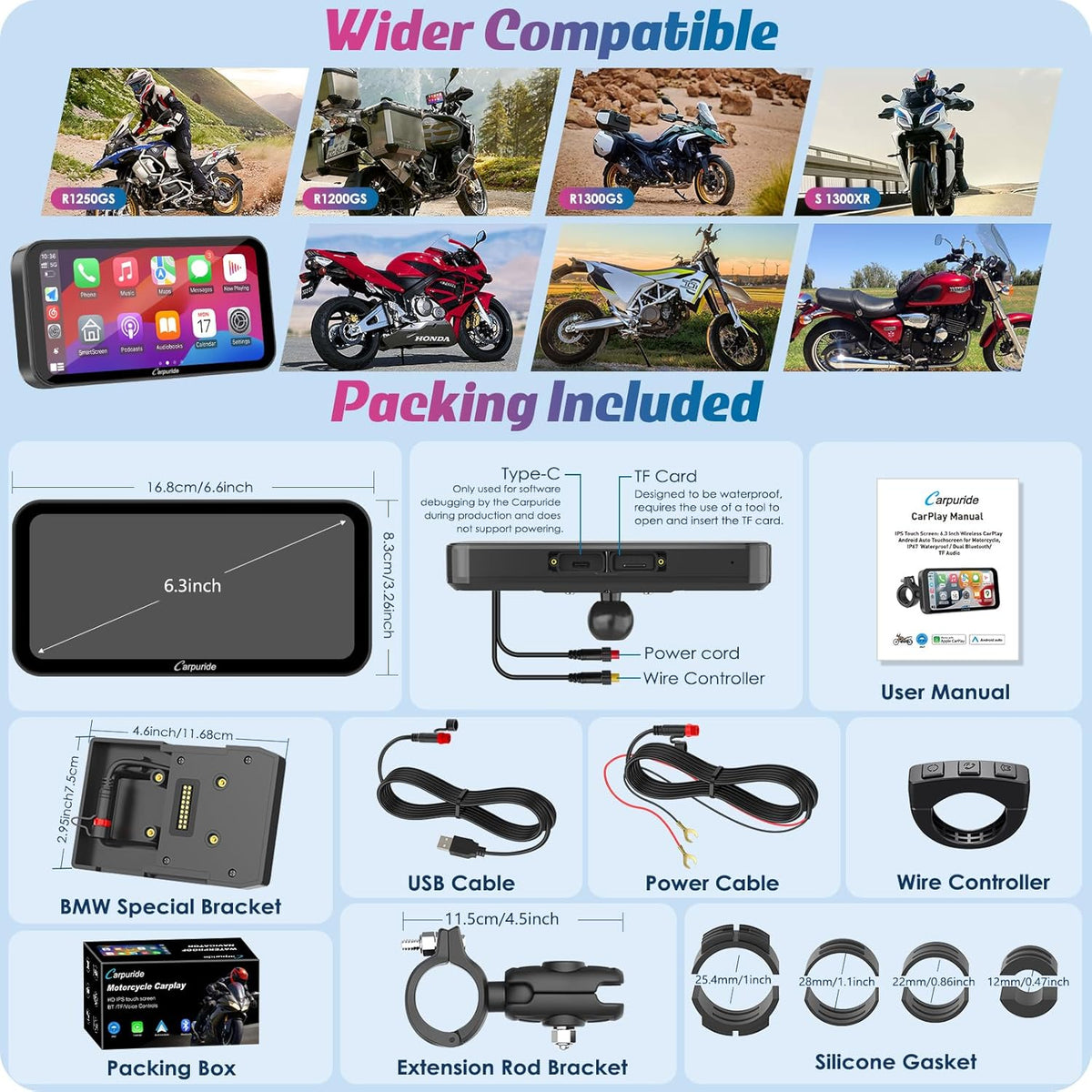 Carpuride W603B voor BMW R1200GS R1250GS S1000XR Motorfiets Carplay Scherm Waterdicht 6.3 Inch Touchscreen GPS Navigatie Carplay/Android Auto Draagbare voor Motorfiets