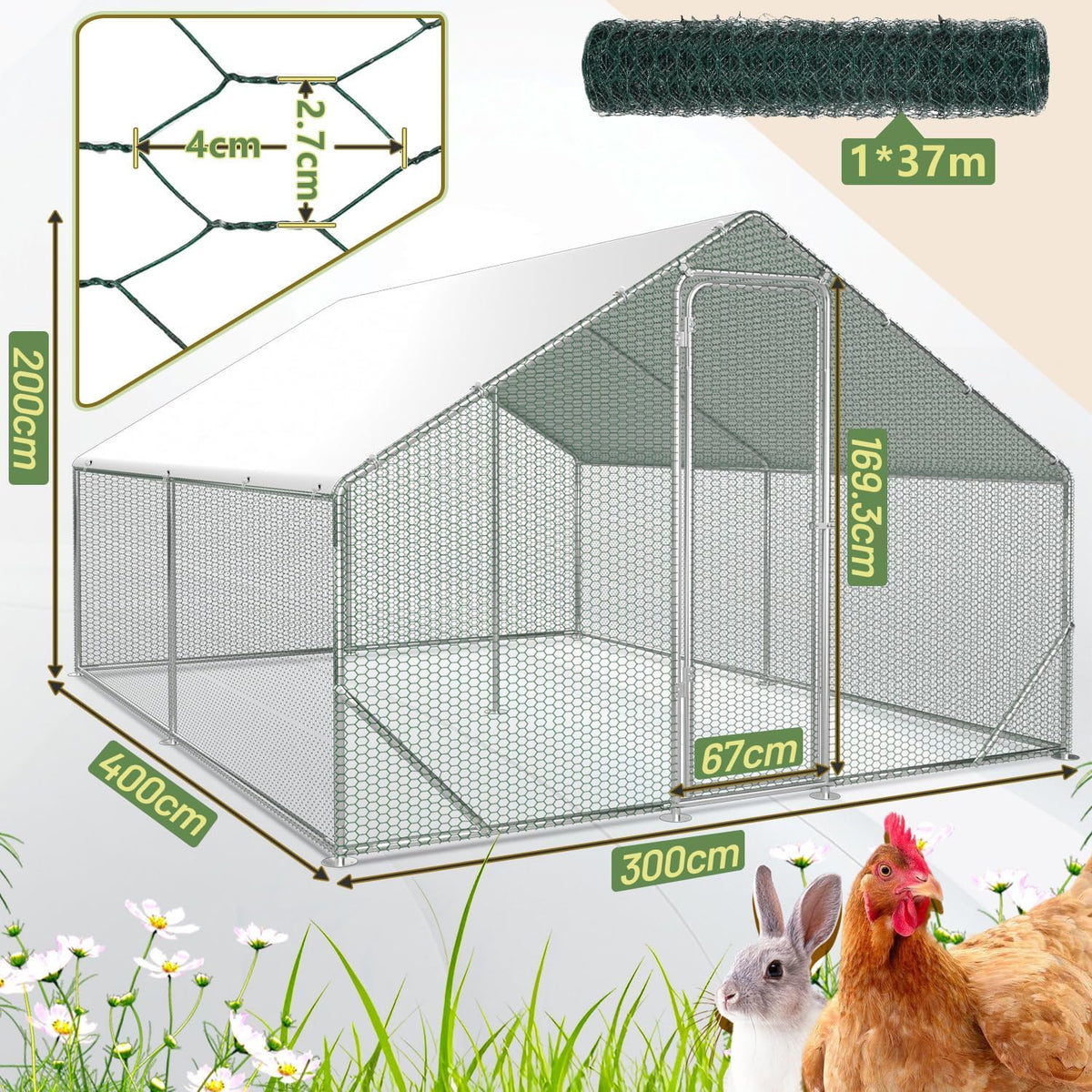 Chicken Coop Outdoor Run 3 x 4 x 2 m, Galvanised Steel Chicken Coop with Door and Lock for Chickens, Rabbits, Geese, Pigeons and Quails, Metal Run with Net - QUORE