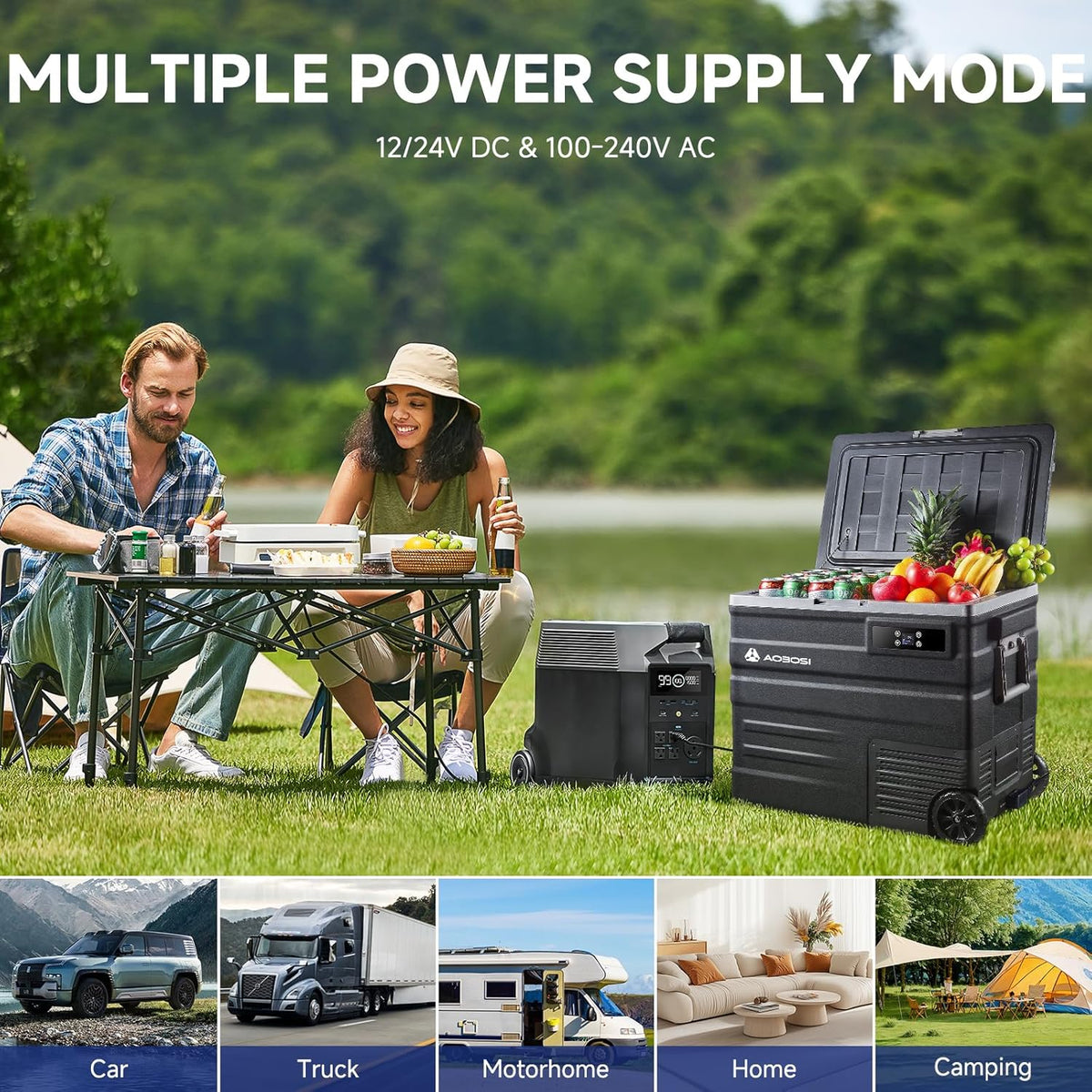 AAOBOSI Compressor-koelbox, 65 liter, koelbox auto met wifi-app-bediening, 12/24 V en 100-240 V, elektrische koelbox tot -20 °C, voor auto, vrachtwagen, boot, camper, camping
