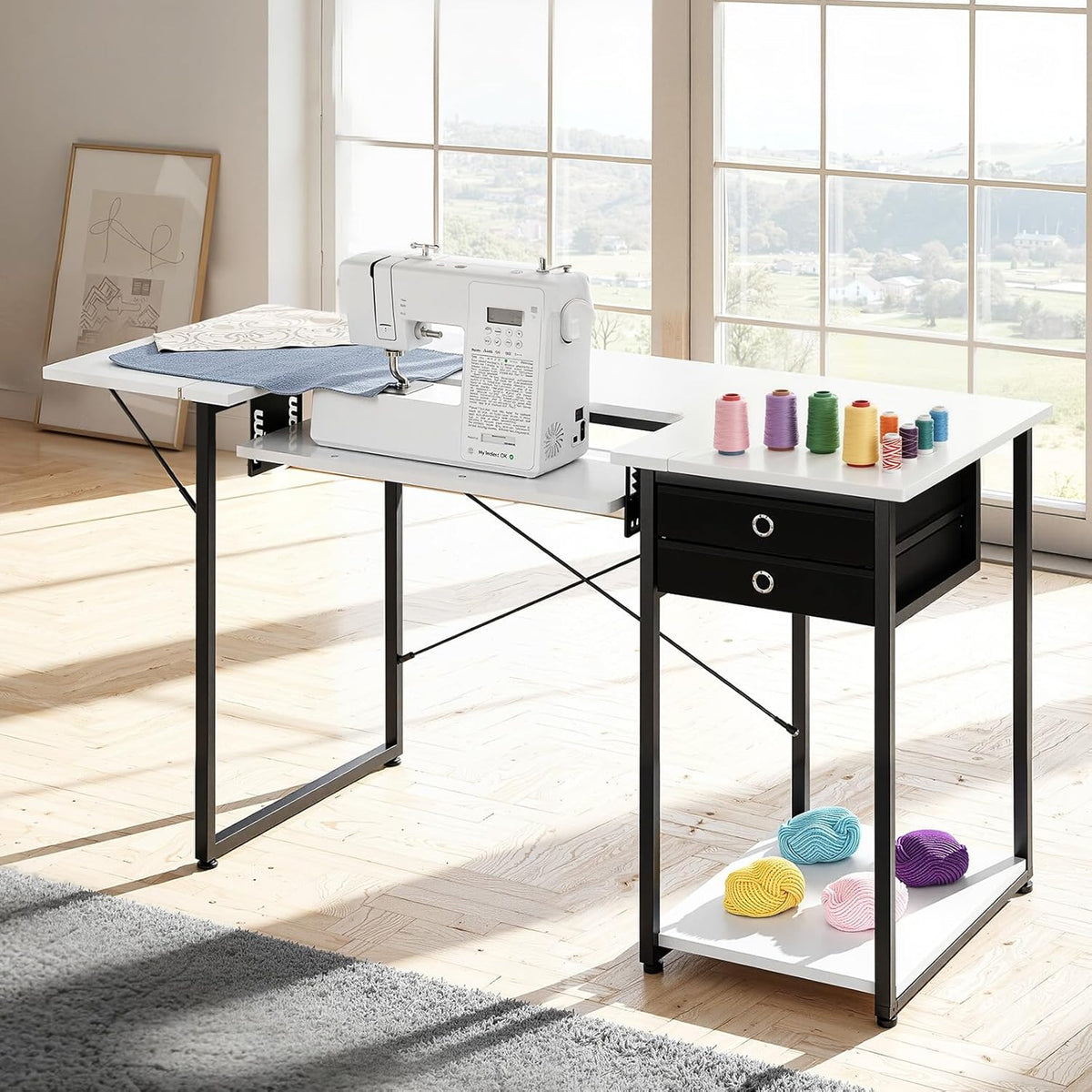 VEVOR Naaitafel, multifunctionele naaimachinetafel met opvouwbare zijplank, verstelbare plank, stalen poten, computerbureau voor thuis, modestudio, kunststudio, onderwijsinstelling, wit