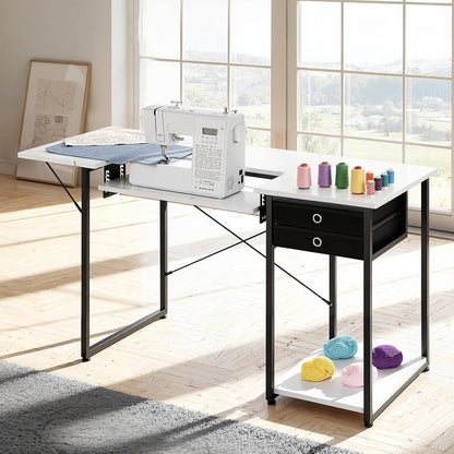 VEVOR Naaitafel, multifunctionele naaimachinetafel met opvouwbare zijplank, verstelbare plank, stalen poten, computerbureau voor thuis, modestudio, kunststudio, onderwijsinstelling, wit