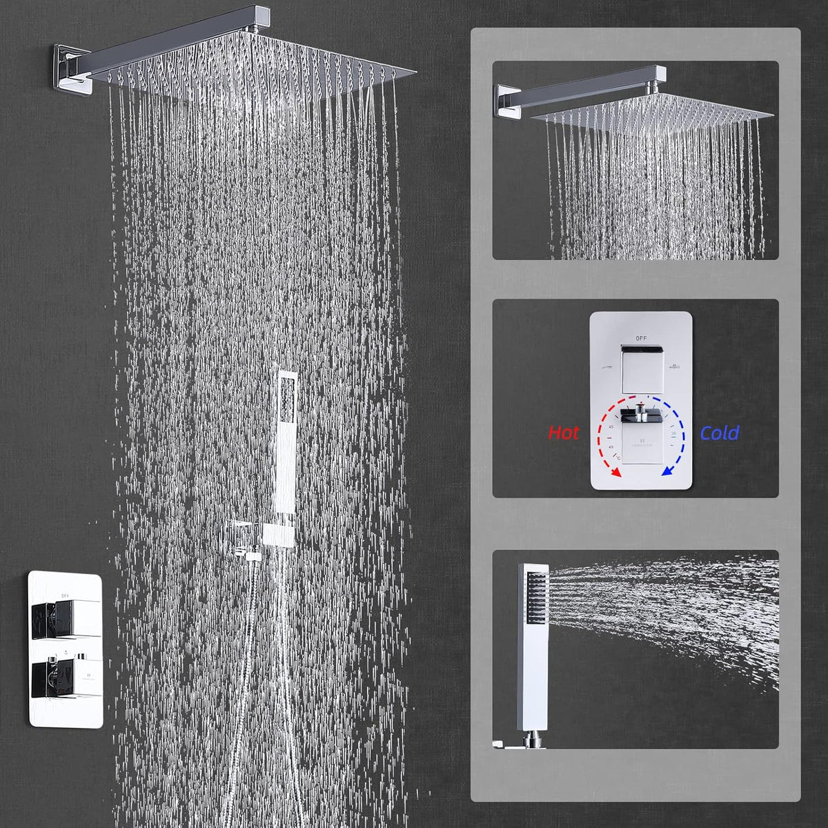 Douchekraan – Douchesysteem – Thermostaatkraan – Douchemengkraan – Regendouche – Inbouw – 30 cm Regendouchekop – Messing & Chroom