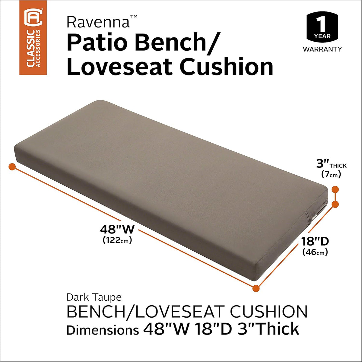 Classic Accessories Ravenna Patio Bank/Settee Kussen Slip Cover & Foam - Duurzaam Buitenkussen, Donker Taupe, 122 cm B x 45 cm D x 7,6 cm dik