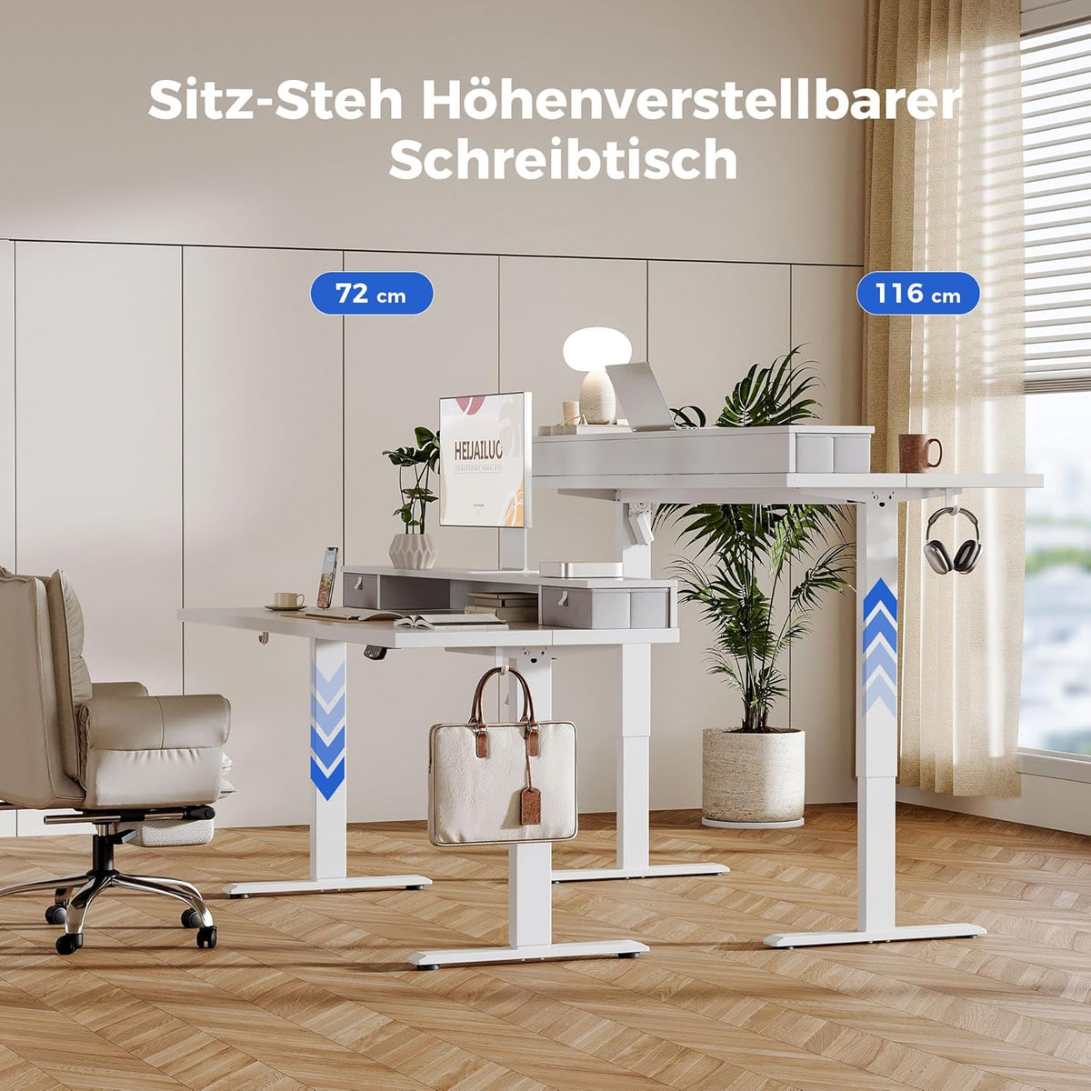 Agilestic Height Adjustable Desk with Two Drawers, 120 x 60 cm, Electric Computer Table with Memory Function, Office and Home Desk, White - QUORE