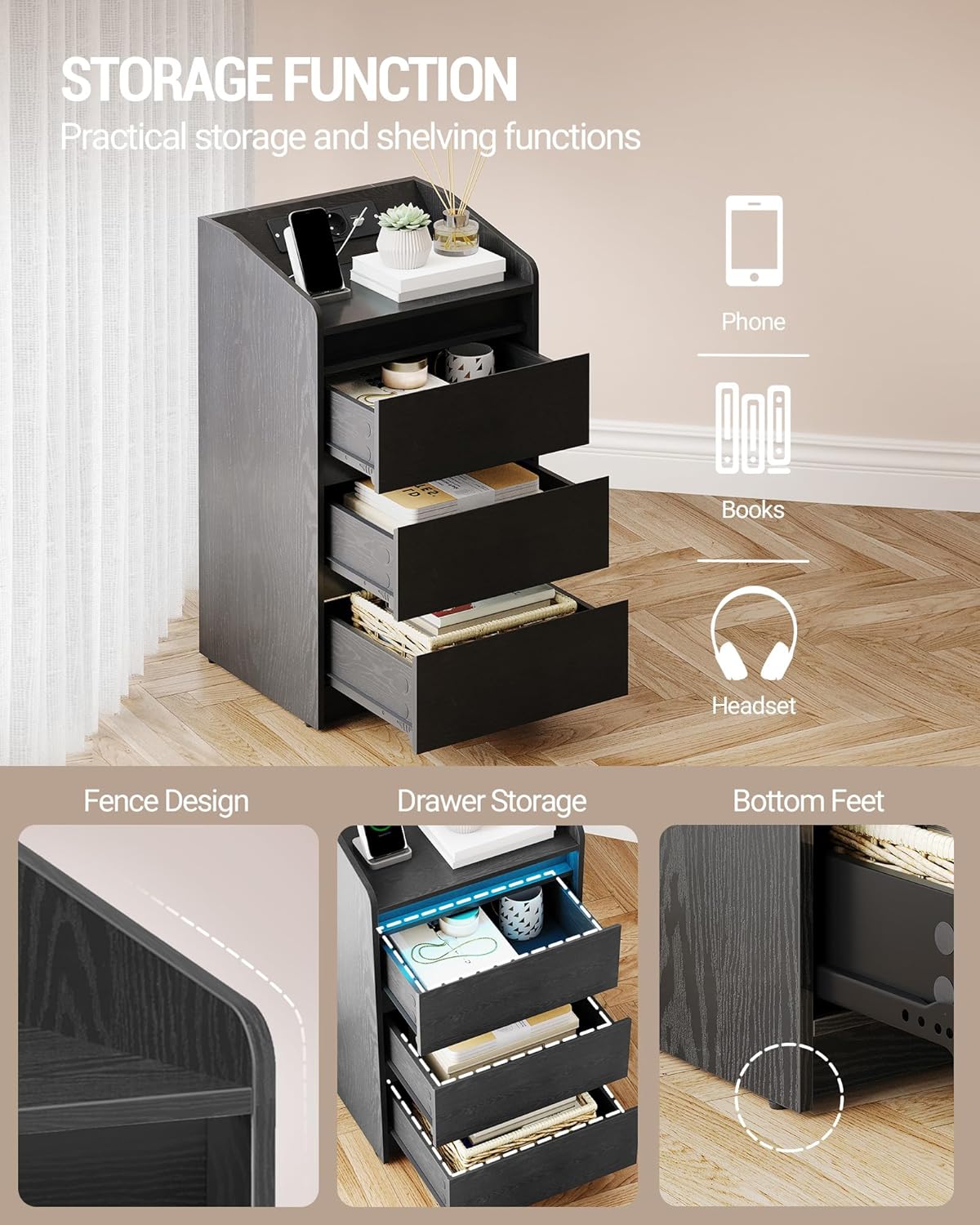 Hzuaneri Bedside Table Set of 2 with 3 Drawers, Side Table with Charging Base and LED, 2 AC Outlets and 2 USB Ports for Bedroom, Living Room, Black NS40104X