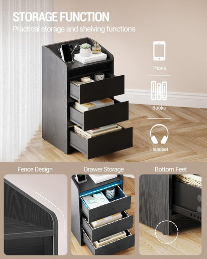Hzuaneri Bedside Table Set of 2 with 3 Drawers, Side Table with Charging Base and LED, 2 AC Outlets and 2 USB Ports for Bedroom, Living Room, Black NS40104X