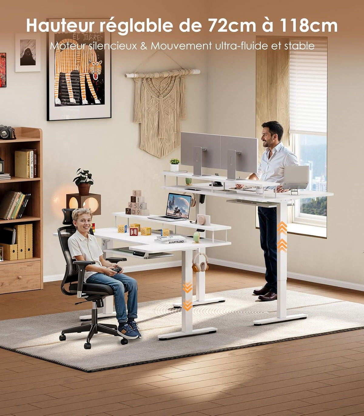OffiGo Desk, Sitting, Standing, U-Shape, 140 cm, Electric Desk with Monitor Stand, Sockets and USB Port, Standing Desk with LED, Height Adjustable Gaming Table, White - QUORE