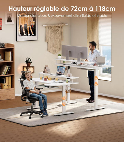 OffiGo Desk, Sitting, Standing, U-Shape, 140 cm, Electric Desk with Monitor Stand, Sockets and USB Port, Standing Desk with LED, Height Adjustable Gaming Table, White - QUORE