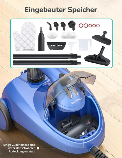 Aspiron Stoomreiniger, stoomdruk 4 bar, 145 °C hete stoom, multifunctionele stoomreiniger met 18 accessoires, met opslag, stoomreiniger voor auto, bed, tapijt, tegels en vloeren