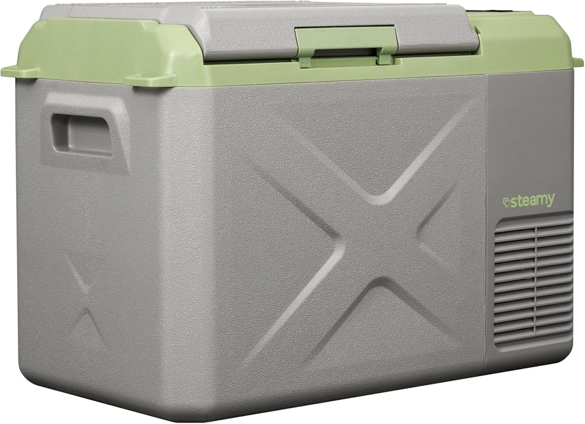 Steamy-E Single Zone 25, Elektrische Compressor Koelbox, 24 Liter, Grijs, 12V/230V, voor vriezen en koelen van -20 tot +20, ideaal voor op de camping