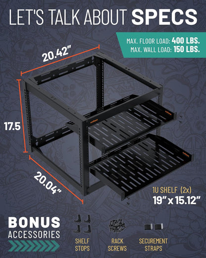 ECHOGEAR 10U Netwerkrek - Wandmonteerbaar Heavy Duty 4-paalontwerp voor al uw netwerk- en AV-apparatuur - Open frame-ontwerp omvat 2 1U geventileerde planken en montagehardware