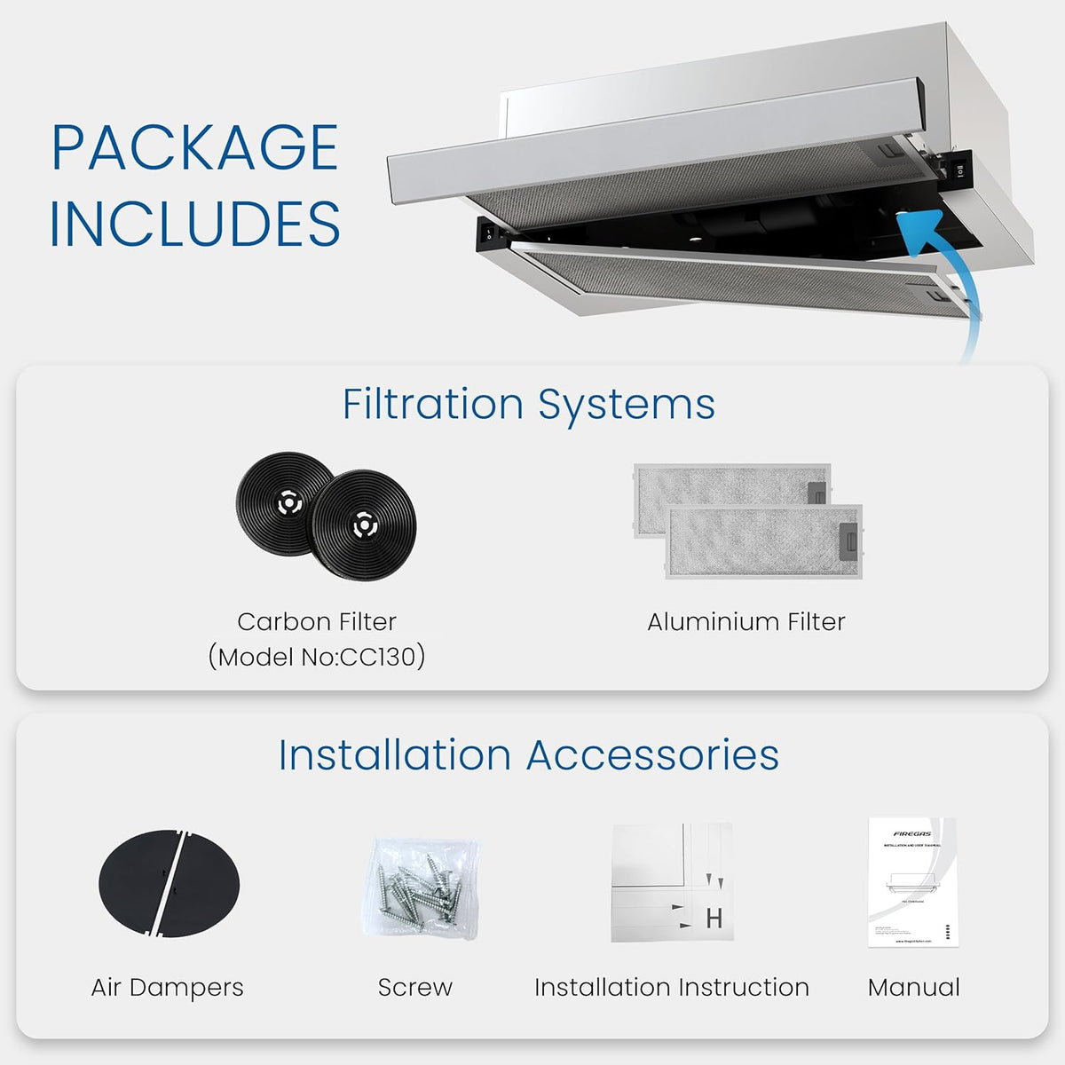 FIREGAS Afzuigkap 60 cm Uitschuifbaar Onderbouw – Zilver, Stil & Energiezuinig, 310 m³/h, LED Verlichting, Automatische AAN/UIT, Aluminium Vetfilter & Koolstoffilter – Voor Afvoer of Recirculatie