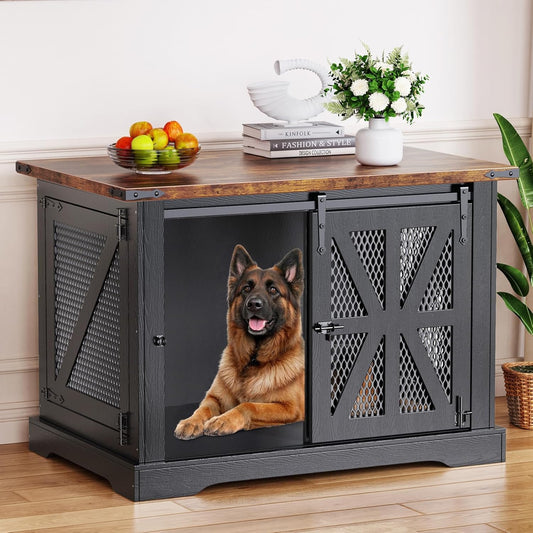 Hondenkooi, 110 cm hondenbox, Drie-deurs hondenkooi voor thuis, Schuifdeur, Modern houten hondenhok, Voor middelgrote en grote honden, Versterkt ijzeren gaas, 110x74x81 cm, Zwart