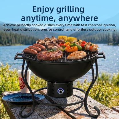 Houtskoolgrill met instelbare ventilator, 45,7 cm (45,7 cm), draagbare campinggrill, gemakkelijk aan te steken houtskool, kleine tafelgrill, campinggrill met deksel, voor tuin, camping, tailgates