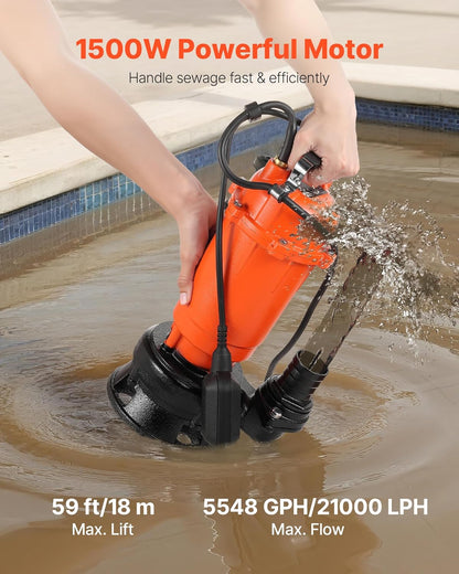 VEVOR Dompelpomp voor doos, 1500 W, 21000 l/u, van gietijzer met automatische vlotterschakelaar, maximale hefhoogte 18 m, afvoer van schoon en vuil water voor zwembad, tuin