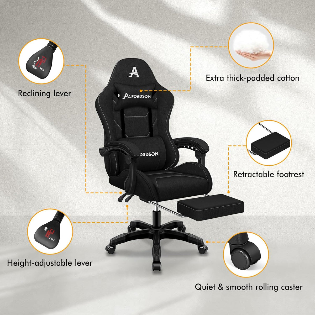 ALFORDSON Gaming Chair with Massage Lumbar Spinal Cushion, Ergonomic Gamer Racer Chair with Adjustable Backrest, Swivel Chair with Footrest, Height Adjustable, Black - QUORE