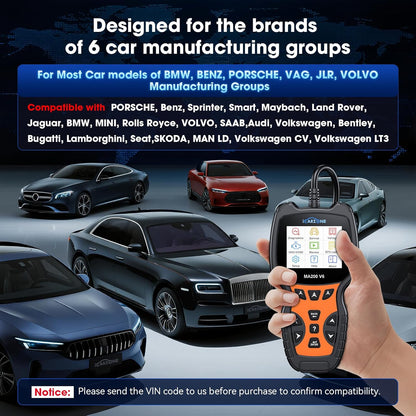 MA200 V6 OBD2 Scanner for Ben.z/Land Rover/Porsche/BM.W/Volvo/V.A.G, All System Car Diagnostic Tool with 6 Services, Oil/BMS/EPB/SAS/DP-F/TPMS Reset, Auto VIN, Battery Test, Lifetime Update