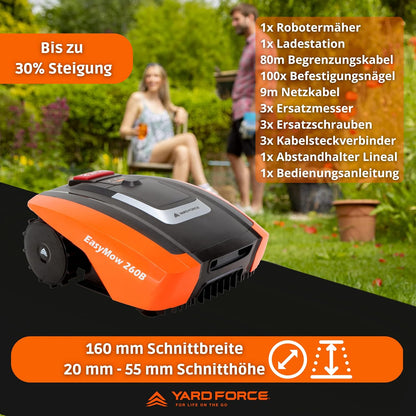 Yard Force EasyMow 260B Robotmaaier, tot 260 m², zelfrijdende robotmaaier, eenvoudige bediening, bediening via Bluetooth en app, 30% helling en 20 V/2,0 Ah lithium-ion-accu,zwart/oranje