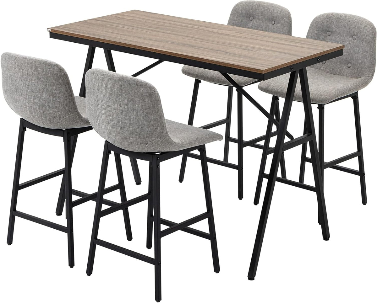 Bartafel – Barset – Keukentafel – Eettafel – Barkrukken – Industrieel Design – Gecoat Stalen Frame – Linnen Look Bekleding – 5-Delige Set – Grijs - QUORE