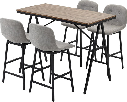 Bartafel – Barset – Keukentafel – Eettafel – Barkrukken – Industrieel Design – Gecoat Stalen Frame – Linnen Look Bekleding – 5-Delige Set – Grijs - QUORE