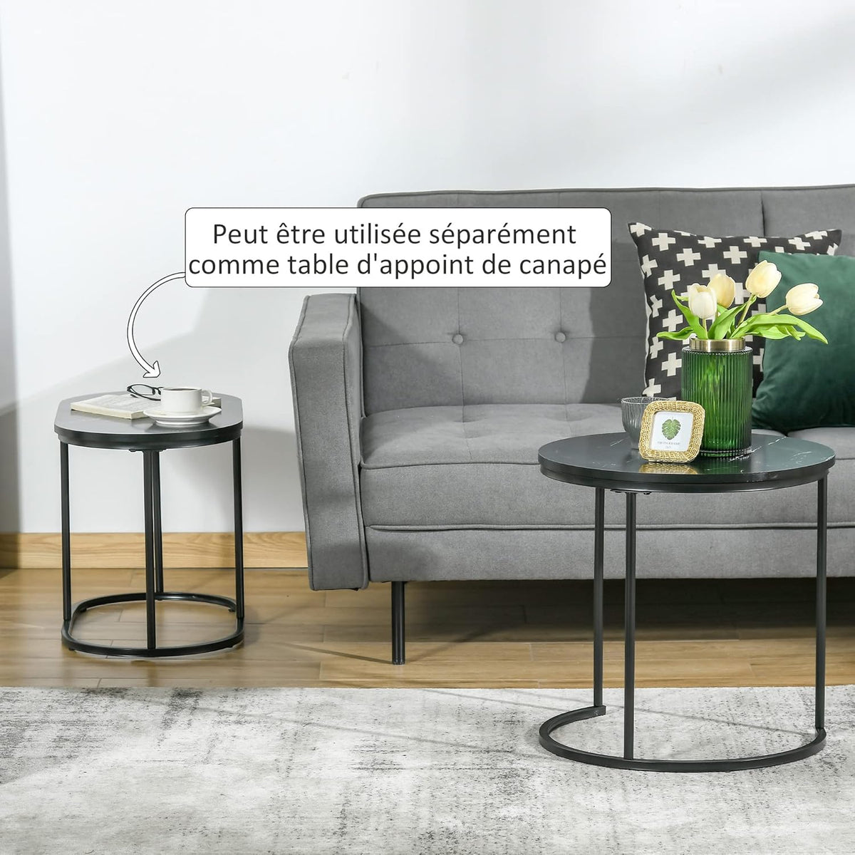 HOMCOM Salontafels, uittrekbaar, van staal en MDF-plaat, marmerlook, ronde en ovale tafel, zwart, 2 stuks