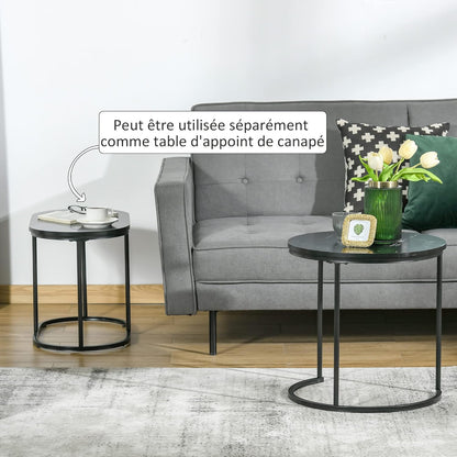 HOMCOM Salontafels, uittrekbaar, van staal en MDF-plaat, marmerlook, ronde en ovale tafel, zwart, 2 stuks