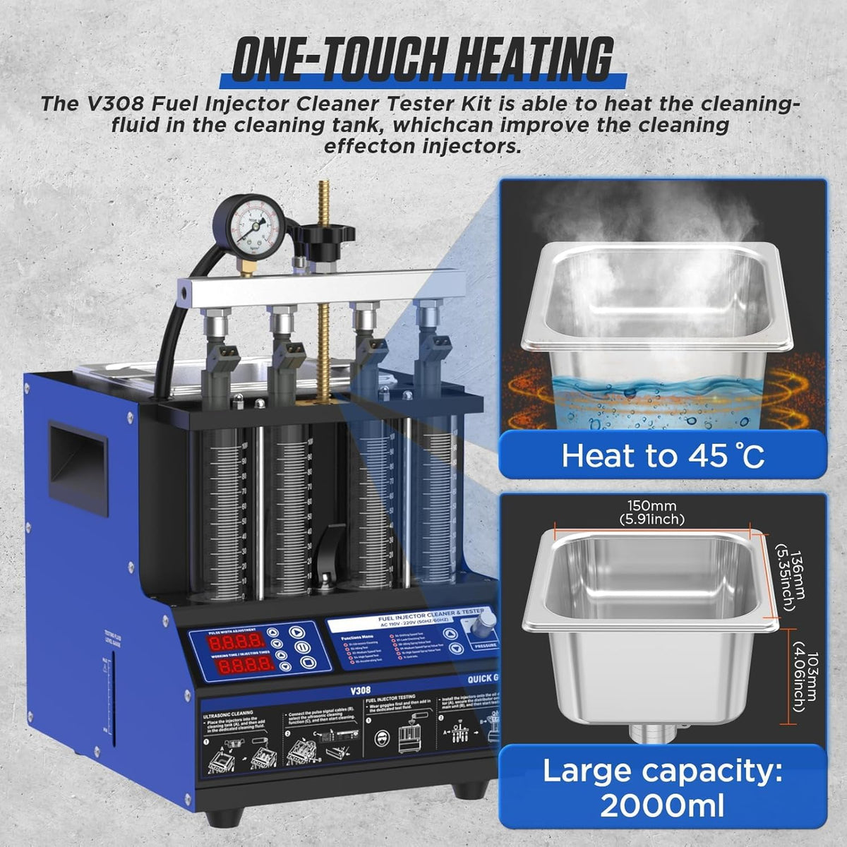 Ultrasone Brandstofinjector Reiniger – Injector Tester – Injector Cleaner – Brandstofinjector Tester – Injector Cleaner 4 Cilinder – 40°C Verwarmingsfunctie – 9 Testmodi