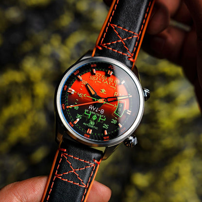 AVI-8 Heren 44mm Hawker Harrier HUD automatisch horloge met rubber/lederen band AV-4117