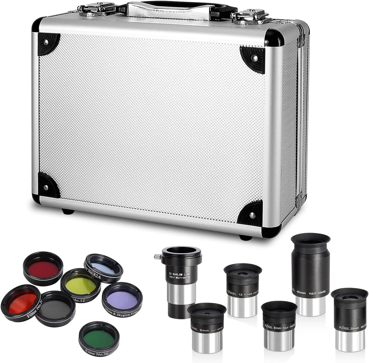 13-delige telescopische accessoireset - Plossl-telescopische oculairs, 2 x barlow lens, 7 stuks filters, stevige draagtas