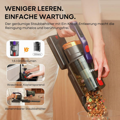 KIPMAX Accustofzuiger, 50000 Pa/550 W/70 min, 1,5 l, draadloze stofzuiger met display, anti-klitborstel, 7-laags filtra en 2 geurplaten, zelfstaande accustofzuiger voor tapijten, dierenharen, harde