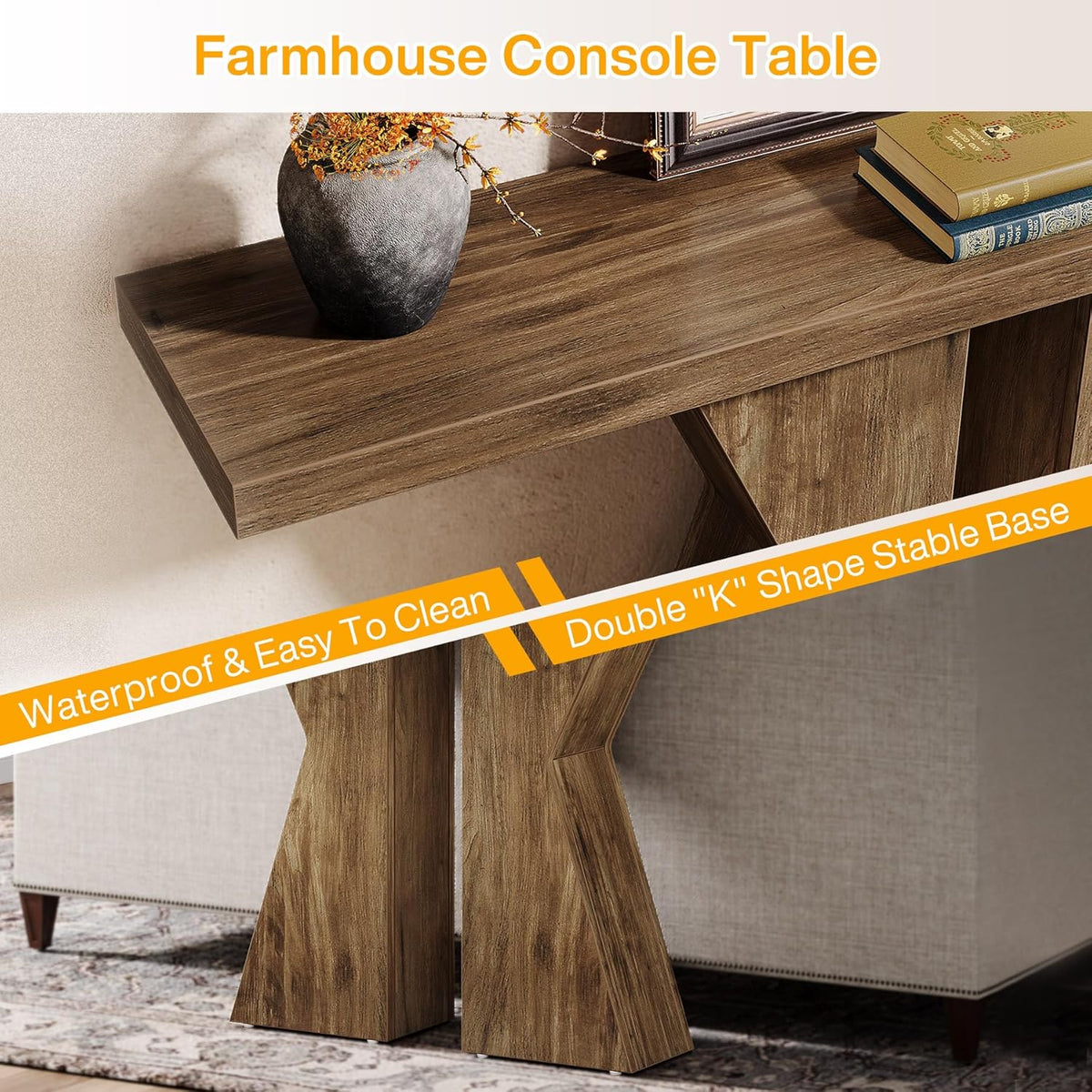 Tribesigns Farm Entrance, 55.12 Inch Console Table Behind Sofa Wooden Bench Table, Narrow Corridor Table, Foyer Entrance Table with K-Shaped Frame for Entrance, Living Room, Rustic Brown