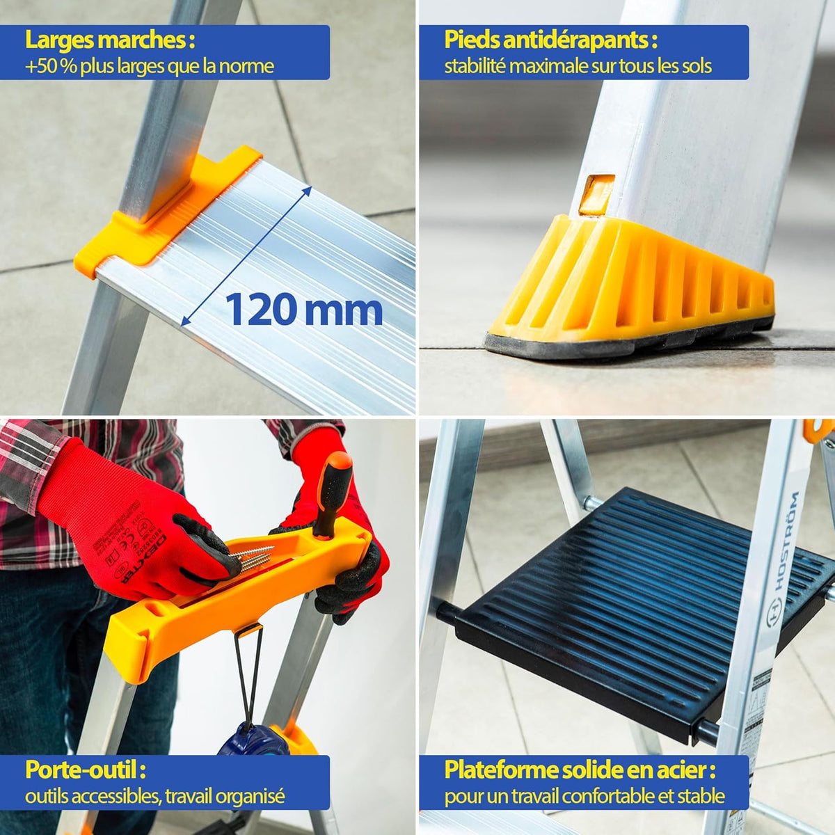 HOSTROM Ladder met 7 treden van aluminium, veilige opvouwbare ladder, gereedschapshouder, extra brede treden 12 cm, voor thuisgebruik en pro