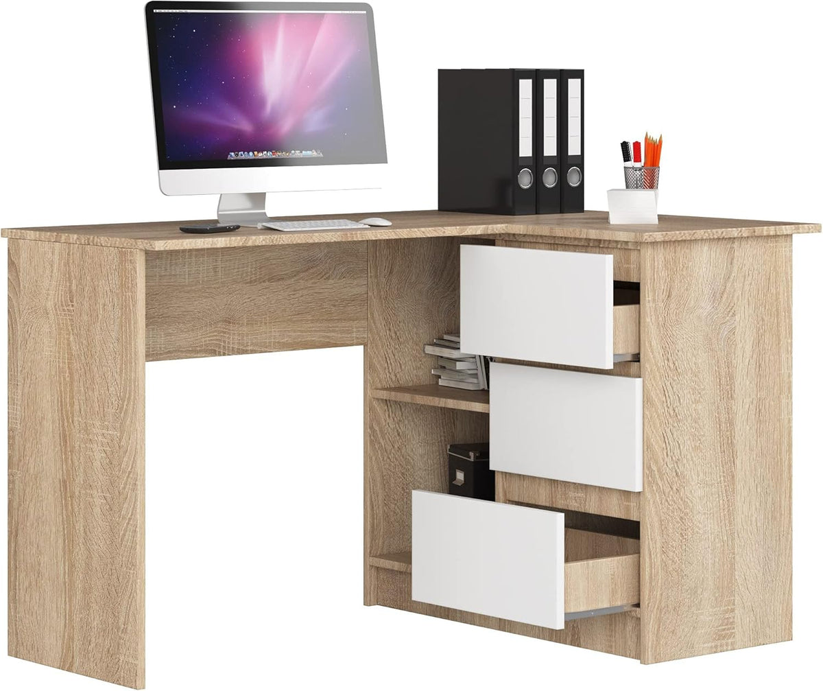 AKORD Corner Desk B-16 with 3 Drawers and 2 Shelves, Corner Desk for Home Office, L124 x H77 x D85, 48 kg, Sonoma Oak and White Front - QUORE