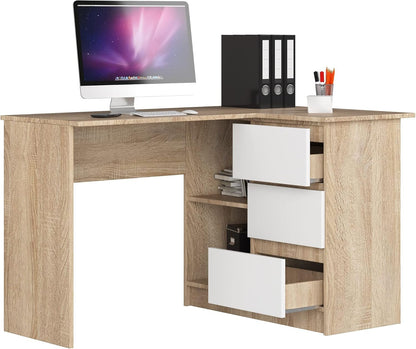 AKORD Corner Desk B-16 with 3 Drawers and 2 Shelves, Corner Desk for Home Office, L124 x H77 x D85, 48 kg, Sonoma Oak and White Front - QUORE