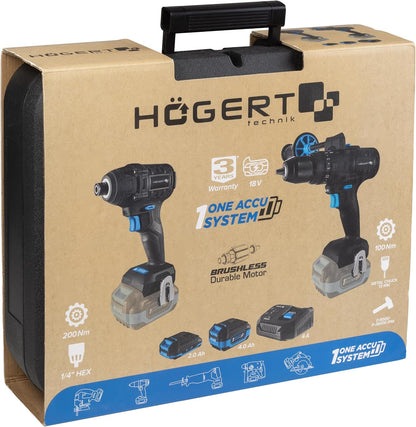 HÖGERT TECHNIK Accu-slagboorschroevendraaierset 18 V, 200 Nm & 100 Nm, 2 borstelloze slagschroevendraaiers, 2 x accu, 4 A oplader, ledverlichting, metalen aandrijving, voor hout en metaal