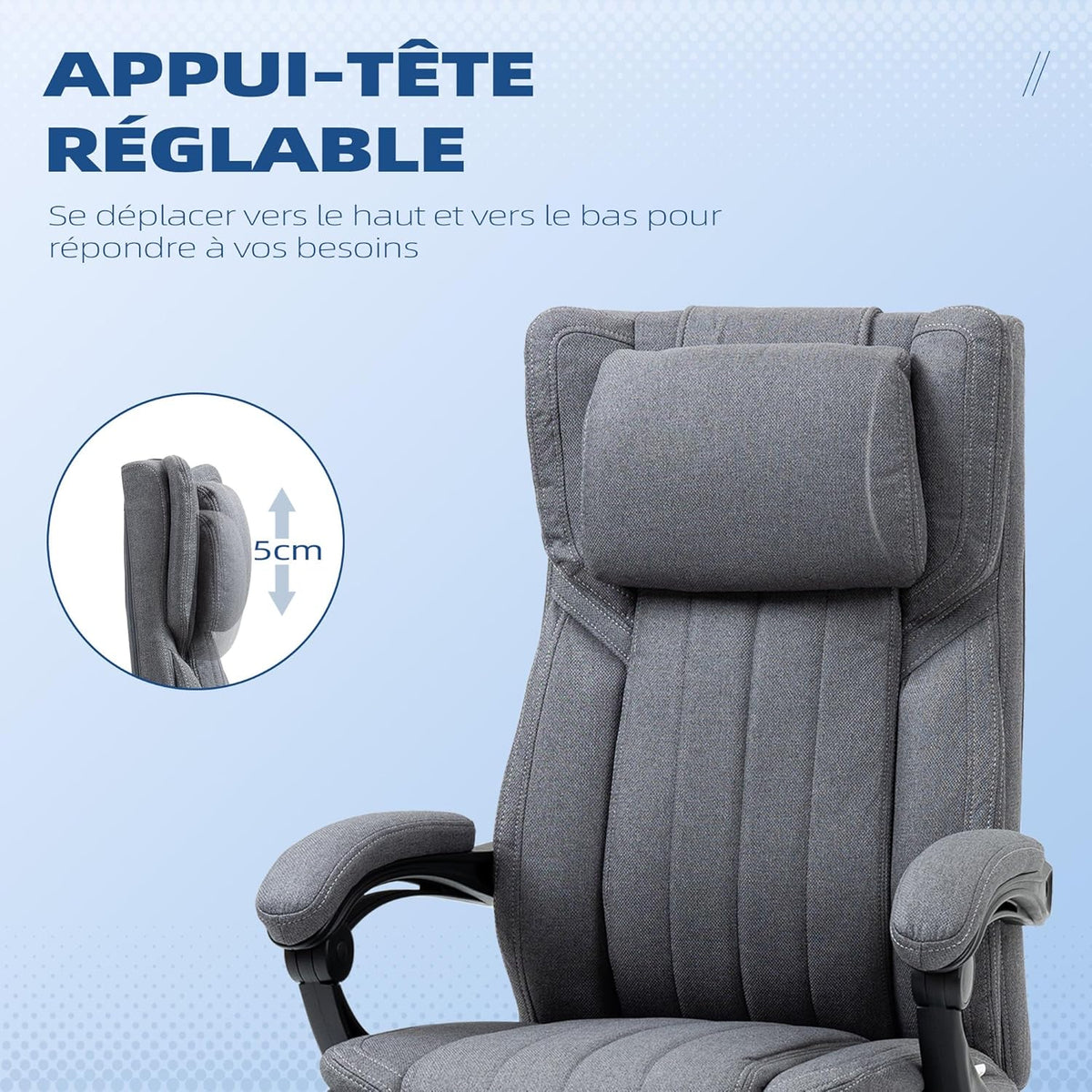 Vinsetto Bureaustoel, ergonomische stoel, draaibare zitting, verstelbare rugleuning, in hoogte verstelbaar, armleuningen, hoofdsteun, voetensteun 65 x 61 x 105-113 cm, grijs