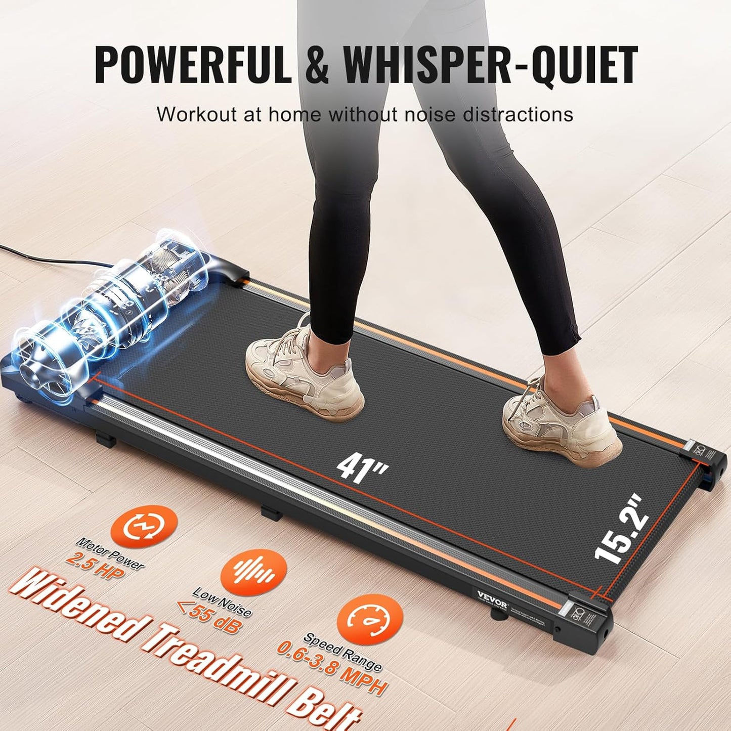 VEVOR Walking Pad Onder Het Bureau, Werkende Loopband Met 120 Kg Draagkracht, Draagbare Pad Met 2,5 Pk, Afstandsbediening, Led-Display, 1-6 Km/u, Zwart