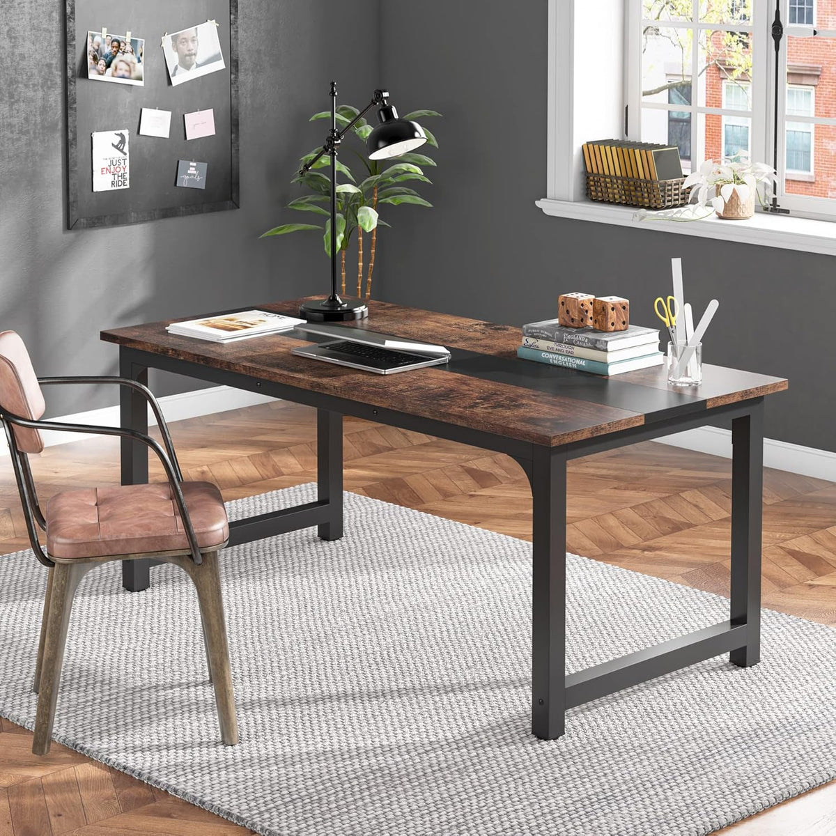 Tribesigns Modern Computer Table, Large Desk Table, Computer Table, Study, Desk, Workplace for Home Office, Rustic/Black (160 * 80cm)