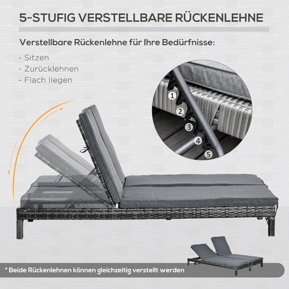 Outsunny Outdoor Lounger, Double Lounger Relax Sofa for 2 Persons, Luxury Lounge Set, Backrest with 5 Positions, Metal, PE Rattan, Grey, 195 x 120 x 28 cm - QUORE
