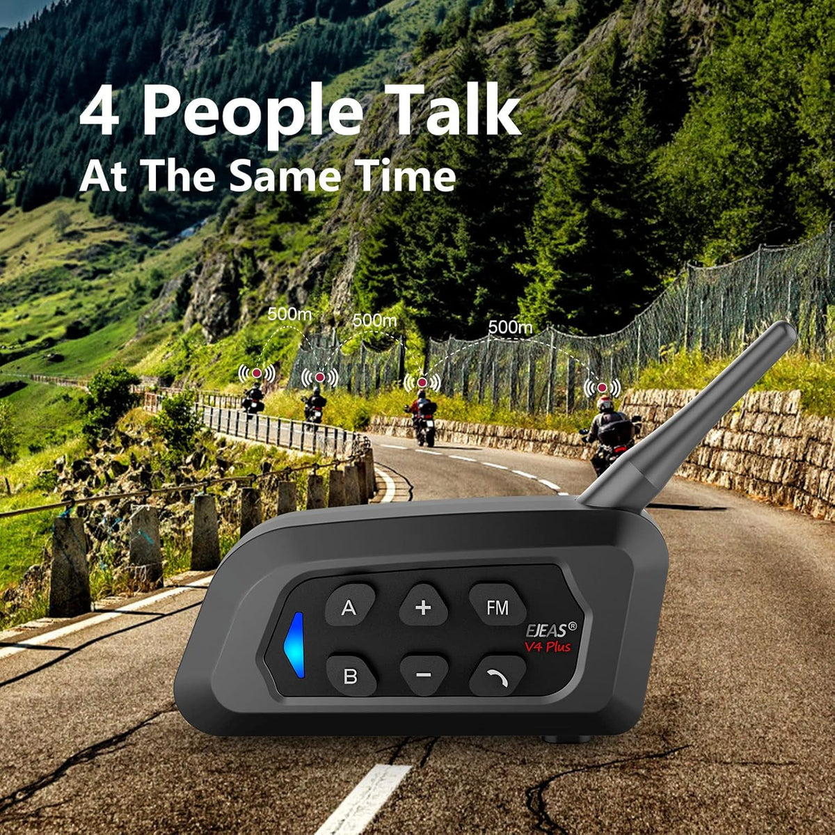 EJEAS V4 Plus Motorcycle Intercom, Motorcycle Helmet, Bluetooth 5.1 Headset with FM and CVC Noise Cancellation, Good Sound Quality and Stable Connection for 4 People, Full Duplex Intercom (2 Pack)