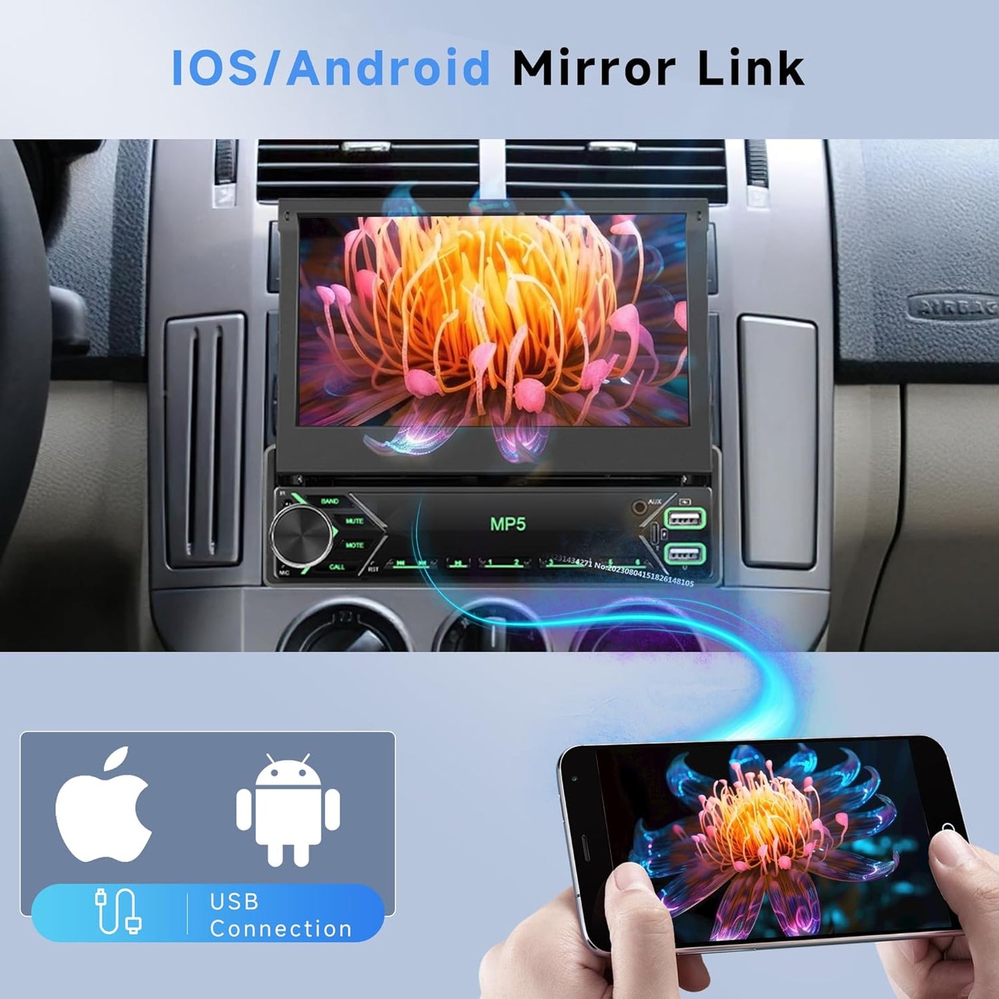 1 DIN autoradio met Bluetooth, iOS/Android Mirror Link, 7-inch handmatig inklapbaar touchscreen, Bluetooth handsfree bellen, FM-radio/USB/AUX/EQ/Type C, stuurwielbediening + achteruitrijcamera