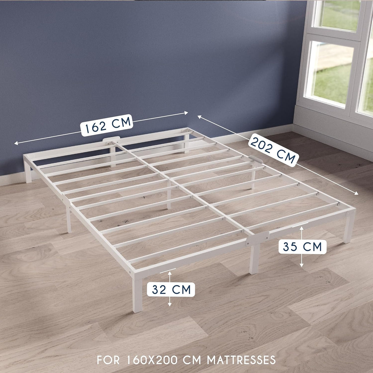 Dreamzie Bedframe 160 x 200 Van Metaal, Bedframe 160 x 200 Voor Matrassen Eenpersoonsbed, Hoogte 35 cm, Robuust, Eenvoudige Montage, Omvangrijke Opbergruimte, Witte Lattenbodem