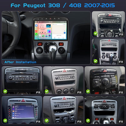 4+128G autoradio voor Peugeot 408/308/308SW 2007-2013, Android 15 met 9-inch In-Cell scherm, ondersteunt draadloze CarPlay en Android Auto, Mirror Link, FM/RDS-radio, GPS, wifi, Bluetooth