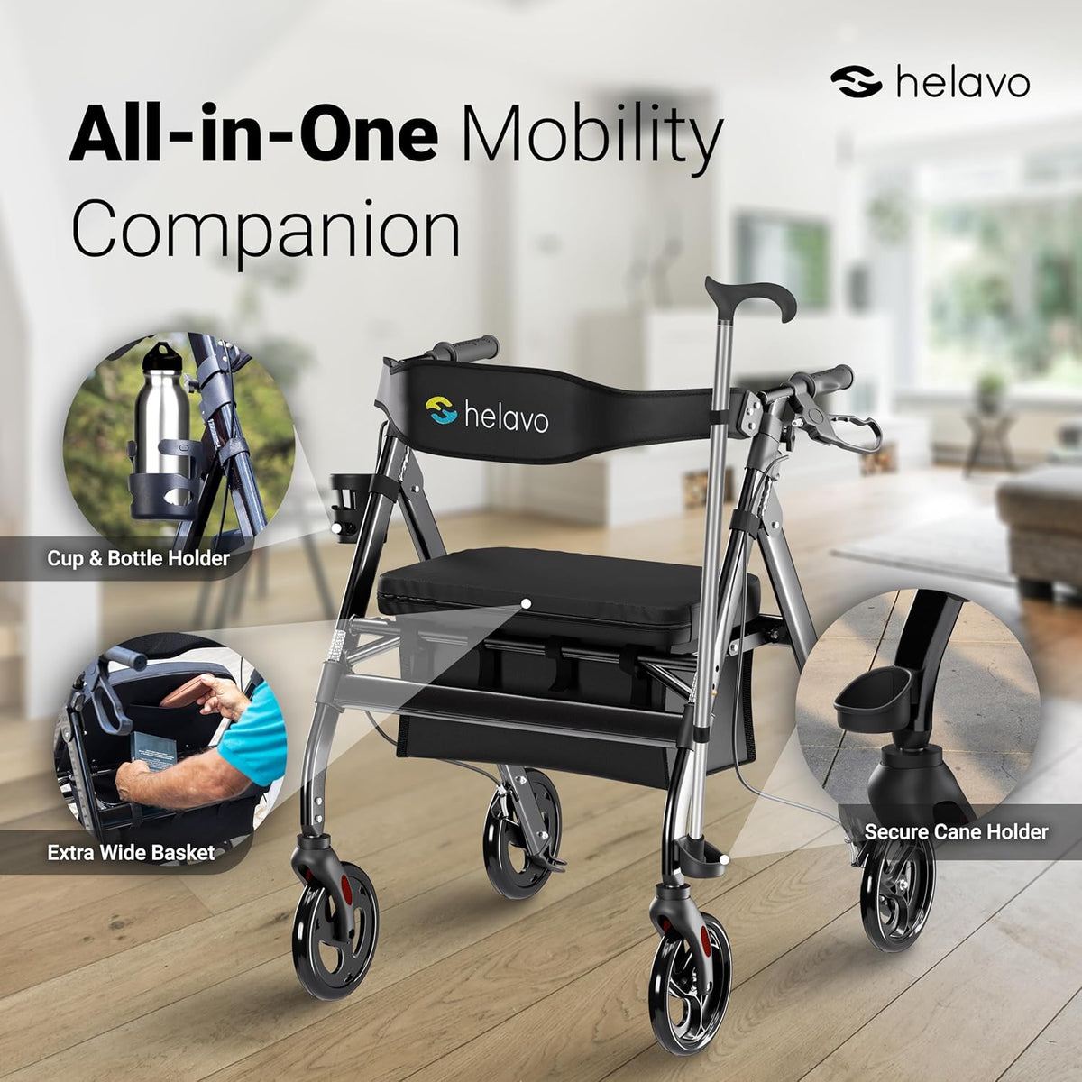 Helavo extra brede rollator met grote, in hoogte verstelbare zitting - Opvouwbare zware rollator van aluminium - Belastbaar tot 226 kg