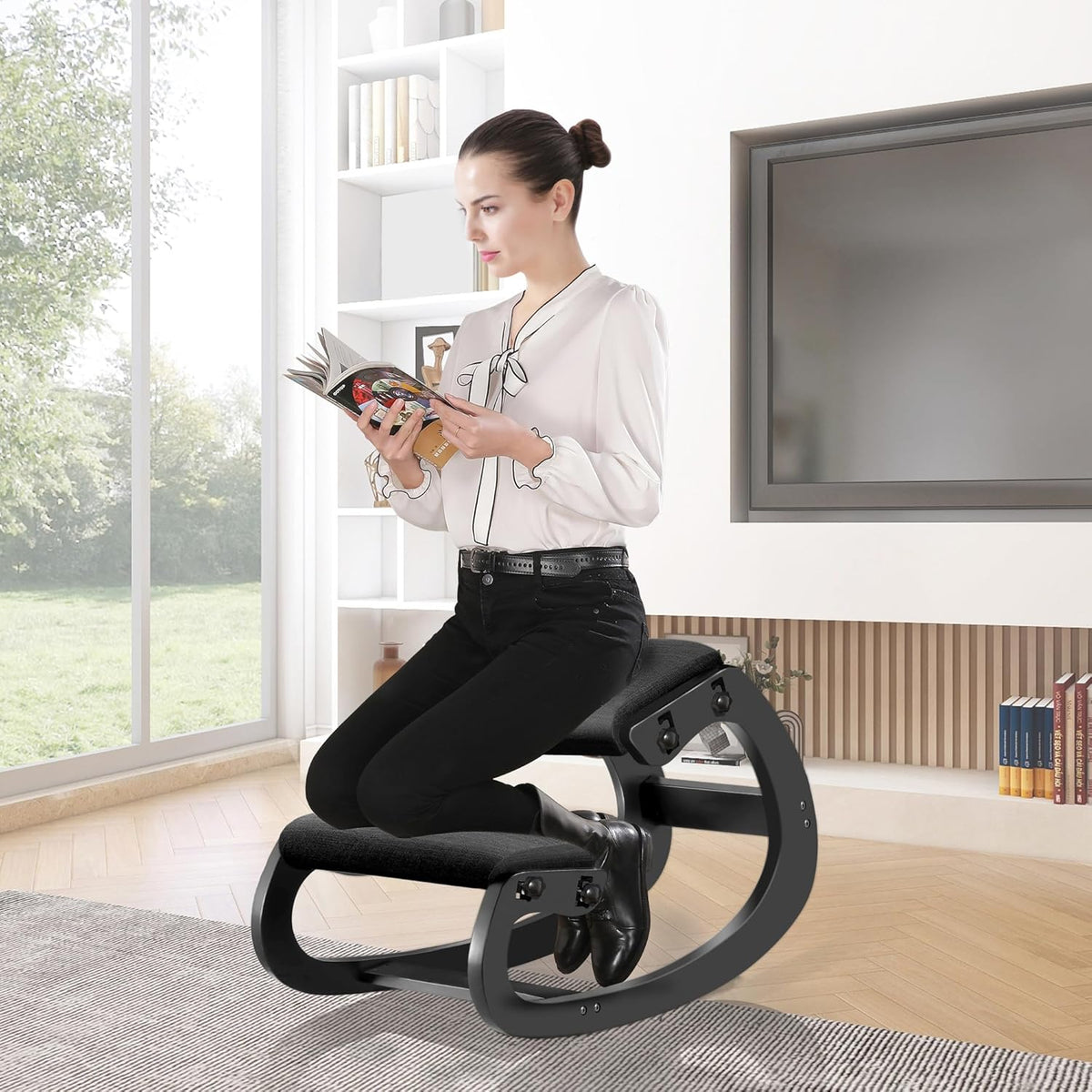 Predawn Ergonomische kniestoel voor zitcorrectie, kniekruk, kruk voor thuis, meditatie, houten en linnen kussen, rugpijn, nekpijn, verlichting en lichaamshouding (zwart)
