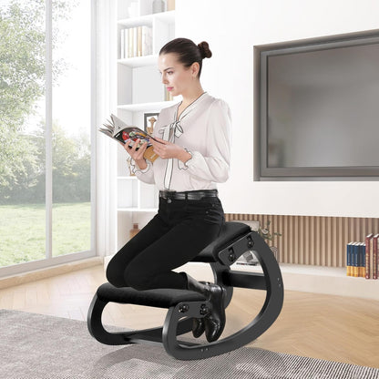 Predawn Ergonomische kniestoel voor zitcorrectie, kniekruk, kruk voor thuis, meditatie, houten en linnen kussen, rugpijn, nekpijn, verlichting en lichaamshouding (zwart)
