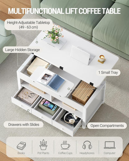 Hzuaneri Coffee Table, 3-in-1 Height Adjustable Folding Top Coffee Table, with 3 Drawers Large Storage Space, 100×50×47cm Extendable (100×63cm) for Living Room/Office, White CT22203W