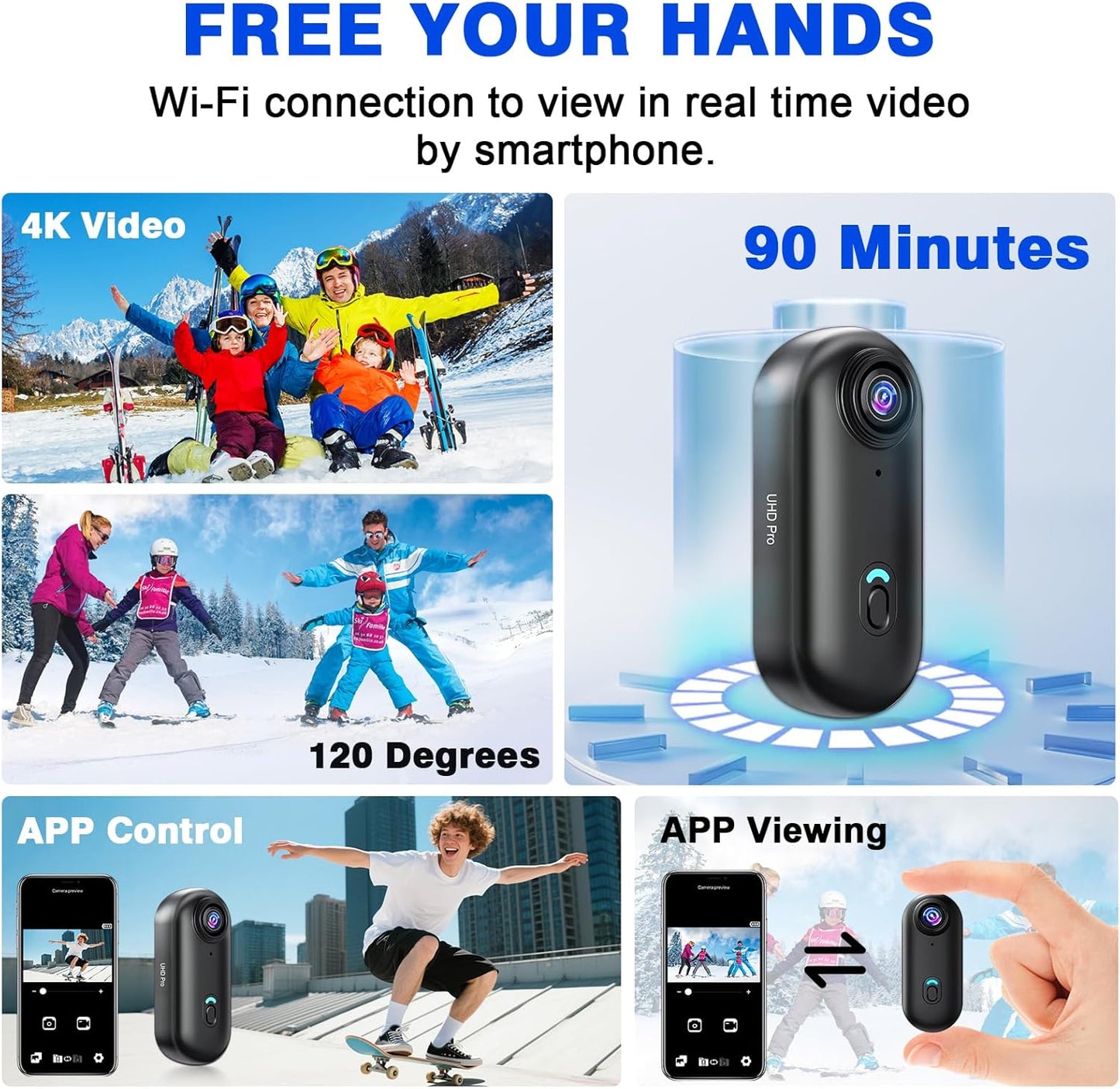 Actiecamera, wifi, 4K, waterdichte mini-actiecamera, mini-lichaamscamera, 120° motorhelmcamera met magnetische en meerdere houders, inclusief 16 GB SD-kaart
