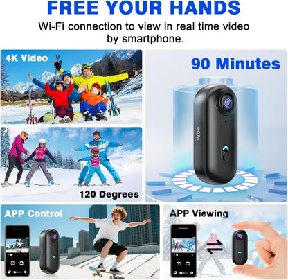 Actiecamera, wifi, 4K, waterdichte mini-actiecamera, mini-lichaamscamera, 120° motorhelmcamera met magnetische en meerdere houders, inclusief 16 GB SD-kaart